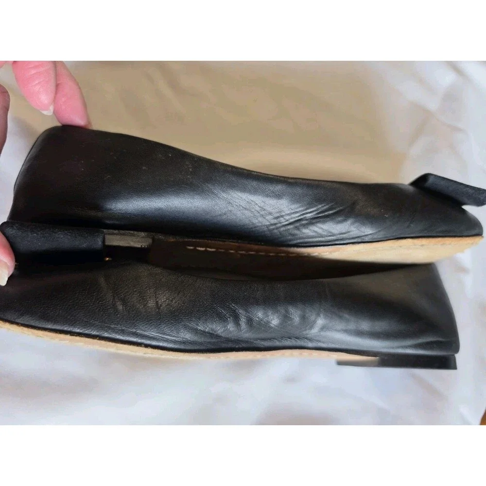 Tory Burch Black Leather Ballet Flats Suede Bow Tortoise Accent Women's 7.5M